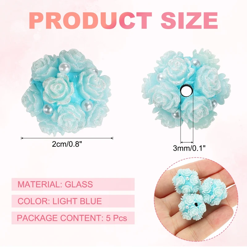 5 Pcs Rhinestone Focal Beads for Pens, 0.8" Glass Flower Beads, Light Blue