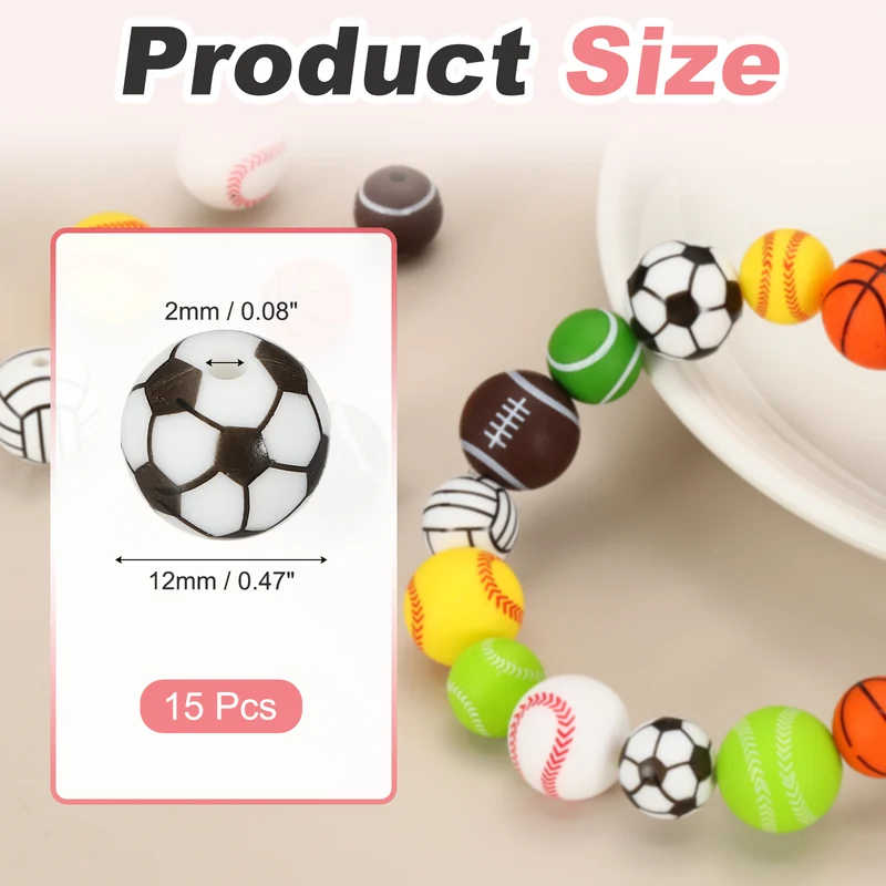 15Pcs Silicone Sports Beads 12mm Ball Shaped Beads Soccer,