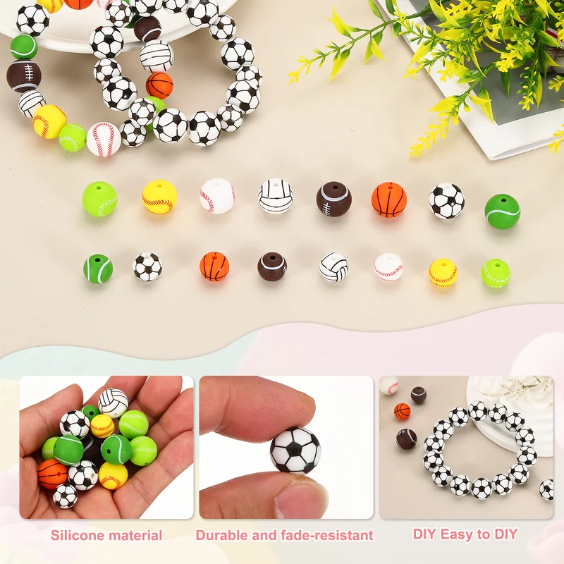 15Pcs Silicone Sports Beads 12mm Ball Shaped Beads Soccer,