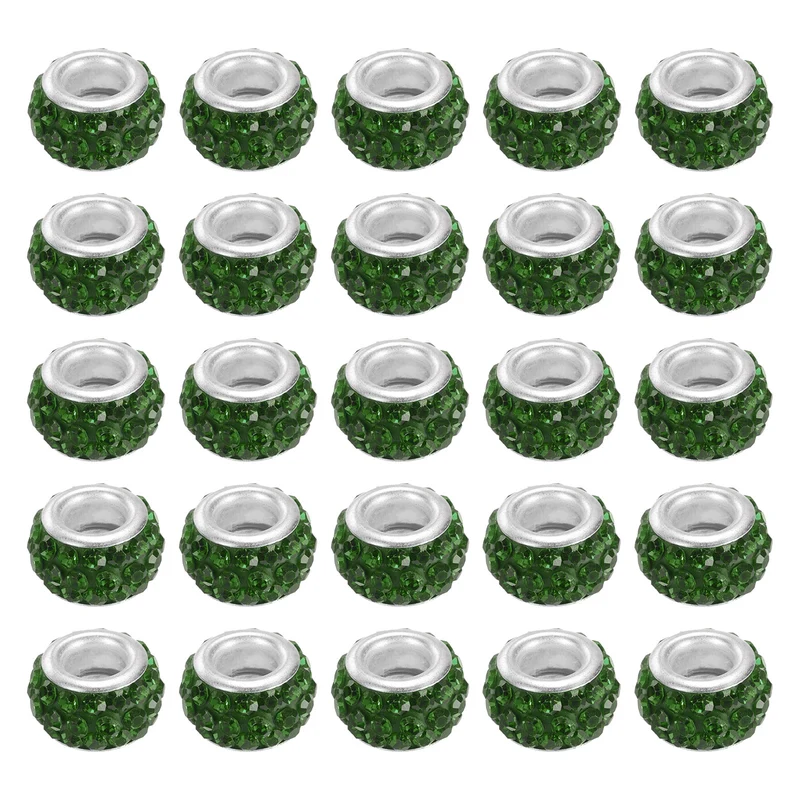 60Pcs 12mm Rhinestone European Beads Large Hole Crystal Beads Dark Green
