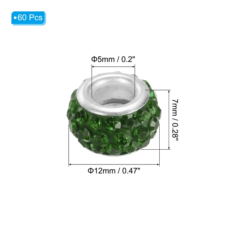 60Pcs 12mm Rhinestone European Beads Large Hole Crystal Beads Dark Green