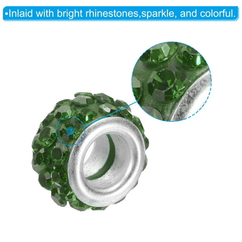 60Pcs 12mm Rhinestone European Beads Large Hole Crystal Beads Dark Green