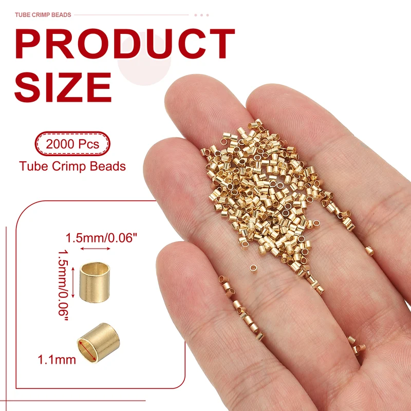 2000 Pcs Tube Crimp Beads, 1.5x1.5mm Crimp Beads for Jewelry Making, Light Gold