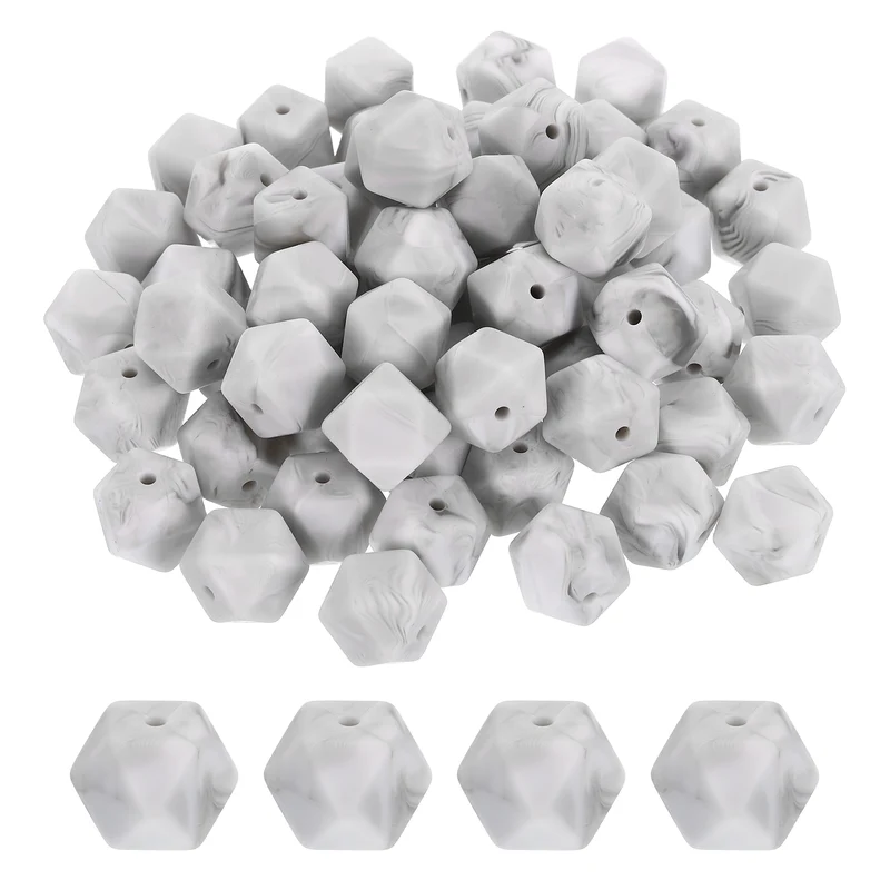 90Pcs Silicone Beads 14mm Loose Hexagon Rubber Focal Beads Marble Gray