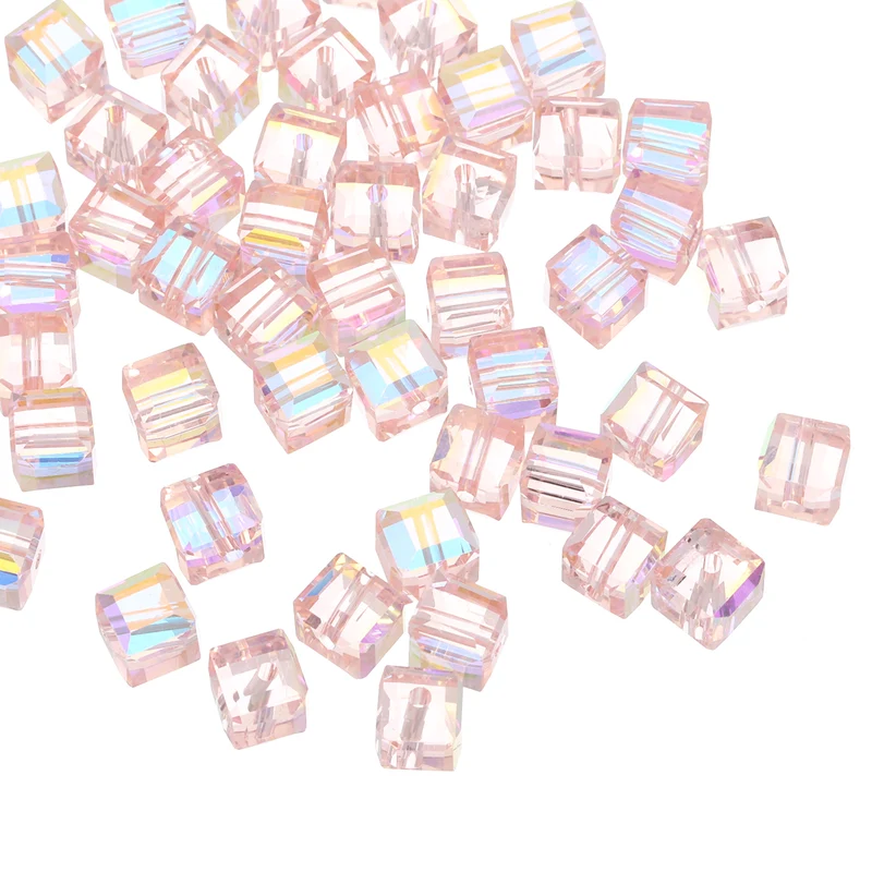 50Pcs Cube Crystal Glass Beads, 8mm Sparkle Faceted Loose Bead (Pink)