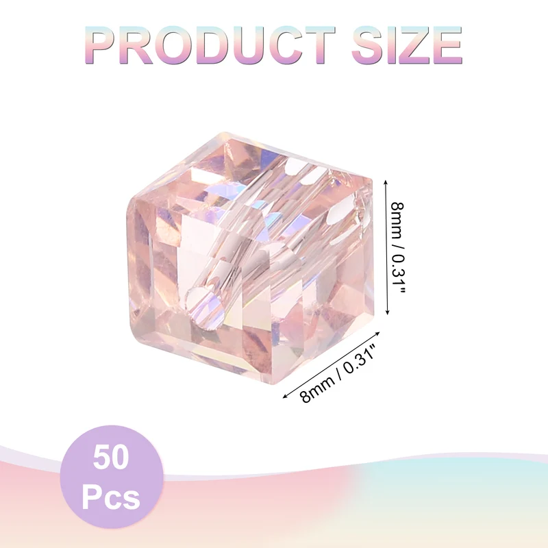 50Pcs Cube Crystal Glass Beads, 8mm Sparkle Faceted Loose Bead (Pink)