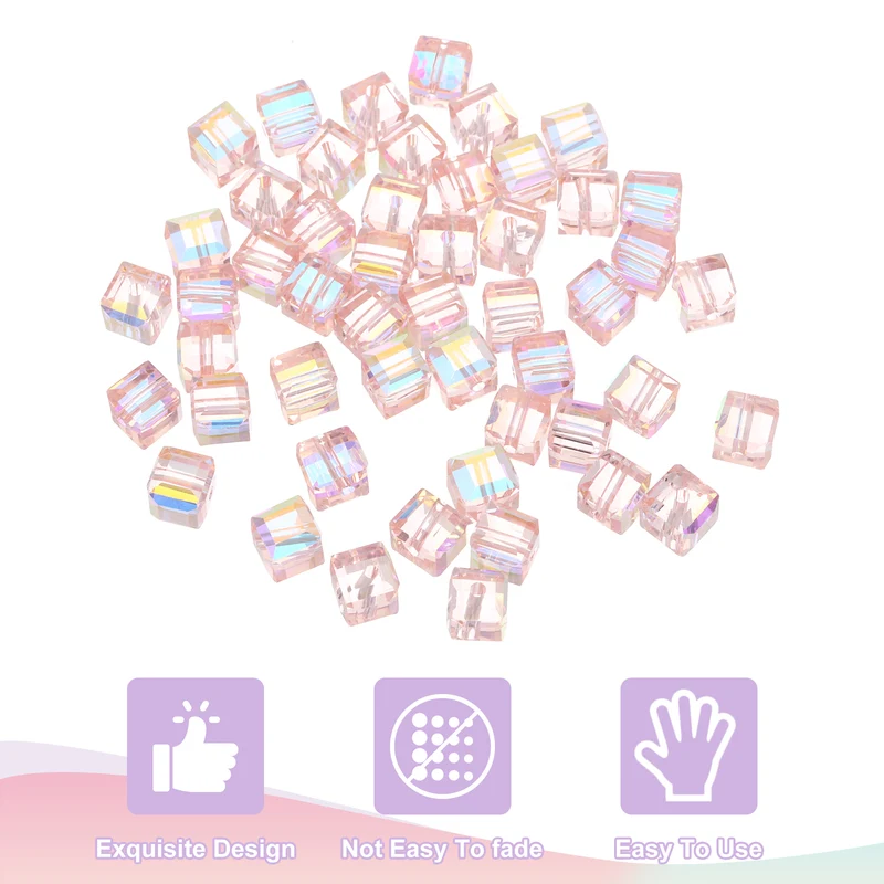 50Pcs Cube Crystal Glass Beads, 8mm Sparkle Faceted Loose Bead (Pink)