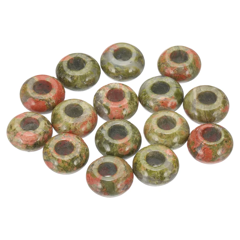 15 Pcs Natural Gemstone Beads, Large Hole Rondelle Beads Loose European Crystal Beads Pack for Jewelry Bracelet DIY Craft, 14 x 8 MM, Flower Green