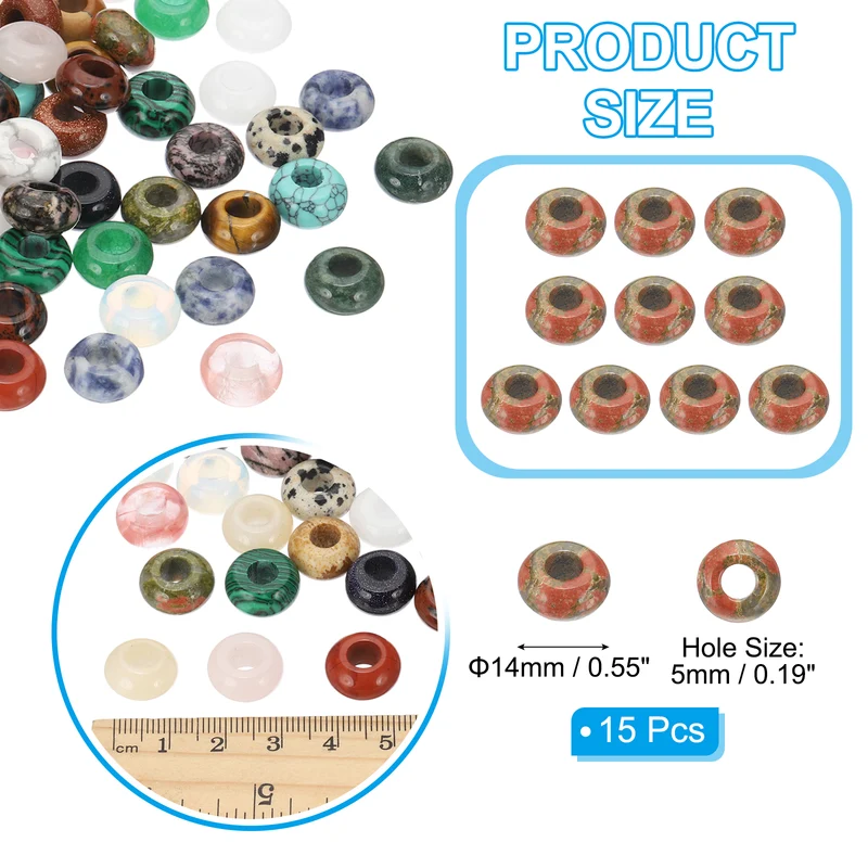 15 Pcs Natural Gemstone Beads, Large Hole Rondelle Beads Loose European Crystal Beads Pack for Jewelry Bracelet DIY Craft, 14 x 8 MM, Flower Green