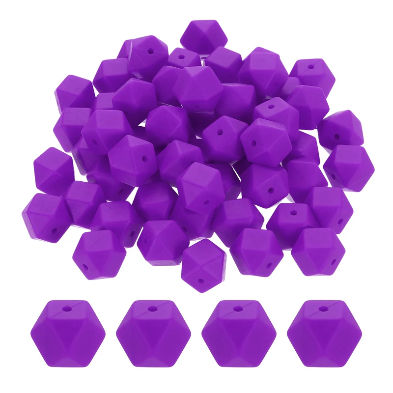 90 Pcs Silicone Beads, 14mm Loose Hexagon Rubber Focal Beads, Purple