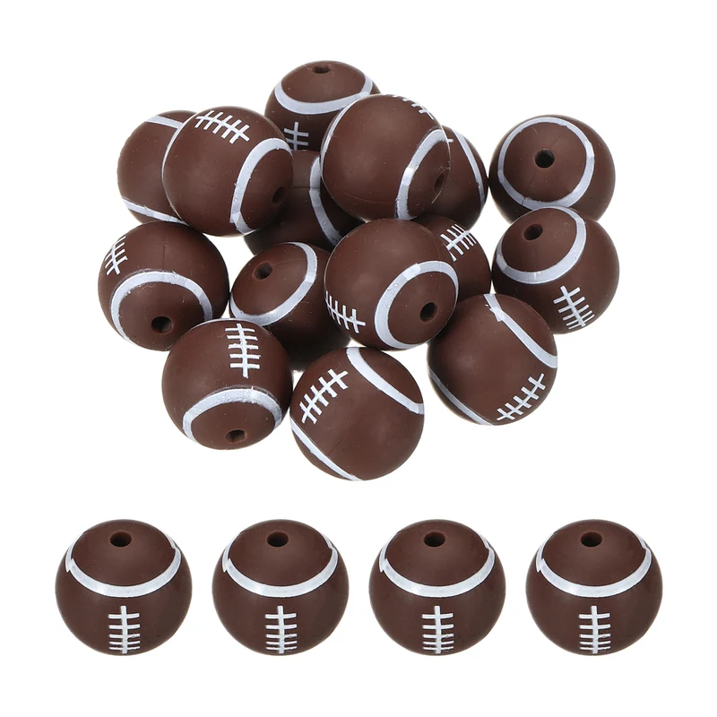 15Pcs Silicone Sports Beads 15mm Ball Shaped Beads Brown Rugby Ball,