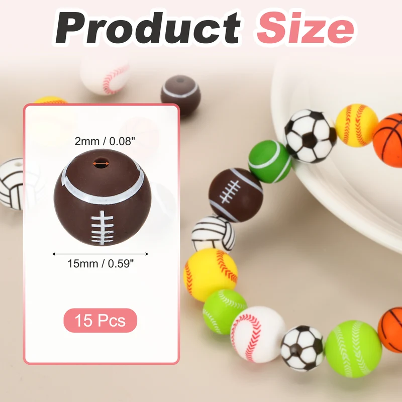 15Pcs Silicone Sports Beads 15mm Ball Shaped Beads Brown Rugby Ball,
