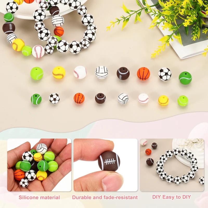 15Pcs Silicone Sports Beads 15mm Ball Shaped Beads Brown Rugby Ball,