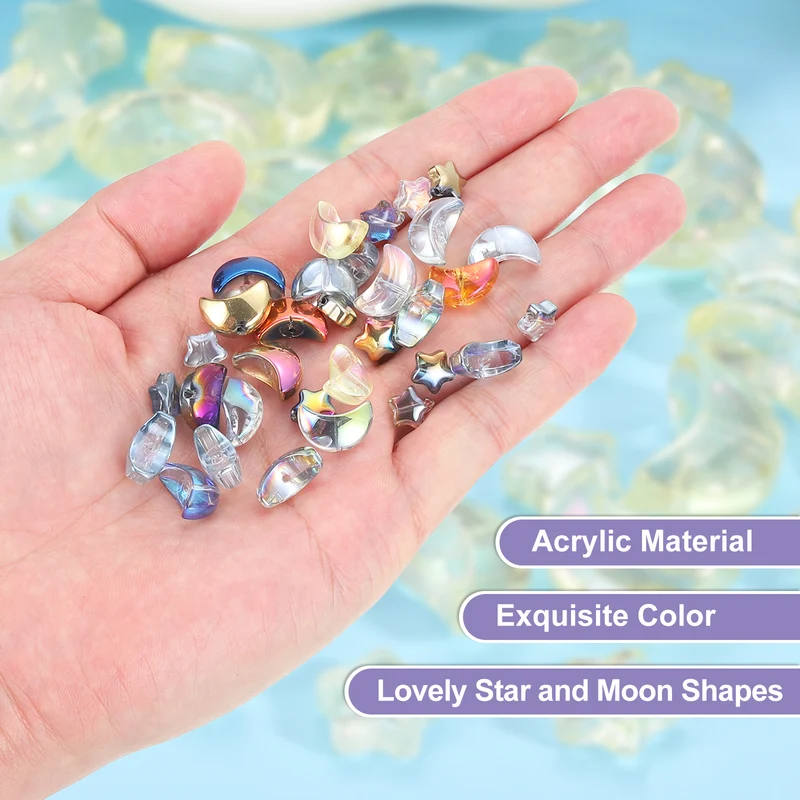 60Pcs Star Moon Shaped Beads, 2 Style Acrylic Spacer Beads Crystal Yellow