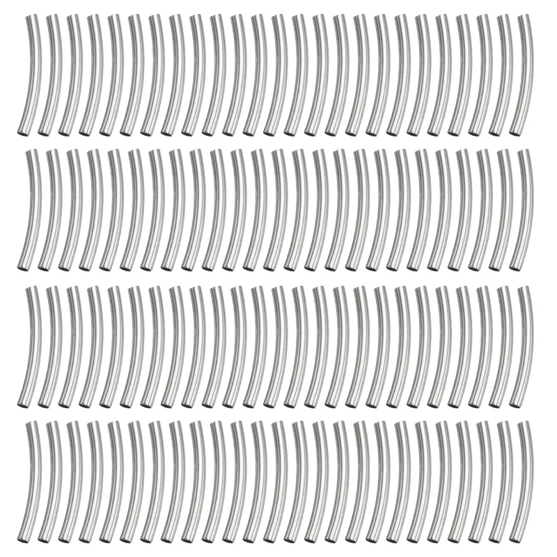 100 Pcs Tube Beads, 2x20mm Curved Noodle Beads for Jewelry Making, Silver