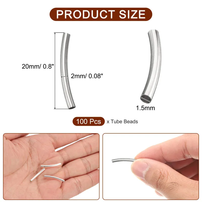100 Pcs Tube Beads, 2x20mm Curved Noodle Beads for Jewelry Making, Silver