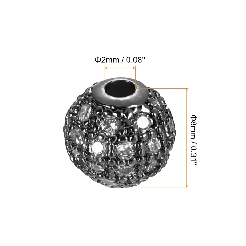 Charm Rhinestone Beads, 8Pcs 8mm Round Zircon Pave Bead (White - Metallic Black)