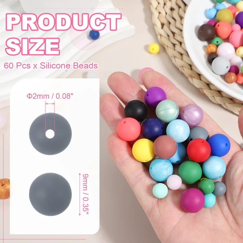 60 Pcs Silicone Beads, 9mm Bulk Beads for Keychain Making, Gray