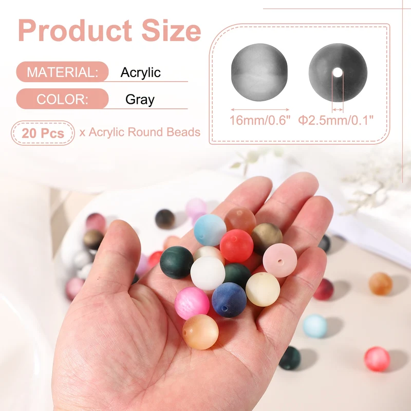 20 Pcs Acrylic Round Beads, 16mm Loose Beads for Jewelry Making, Gray