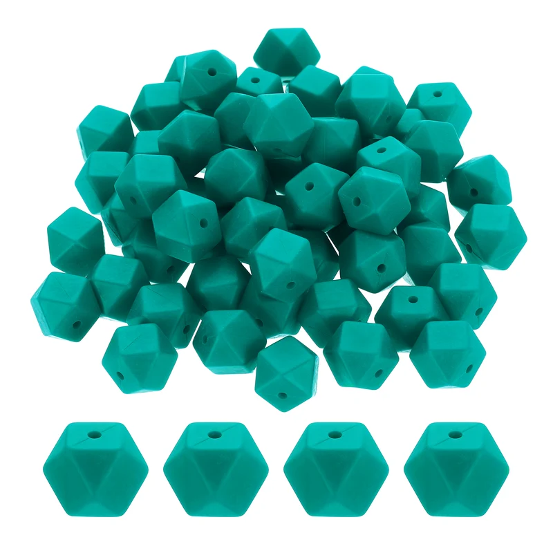 90 Pcs Silicone Beads, 14mm Loose Hexagon Rubber Focal Beads, Dark Green