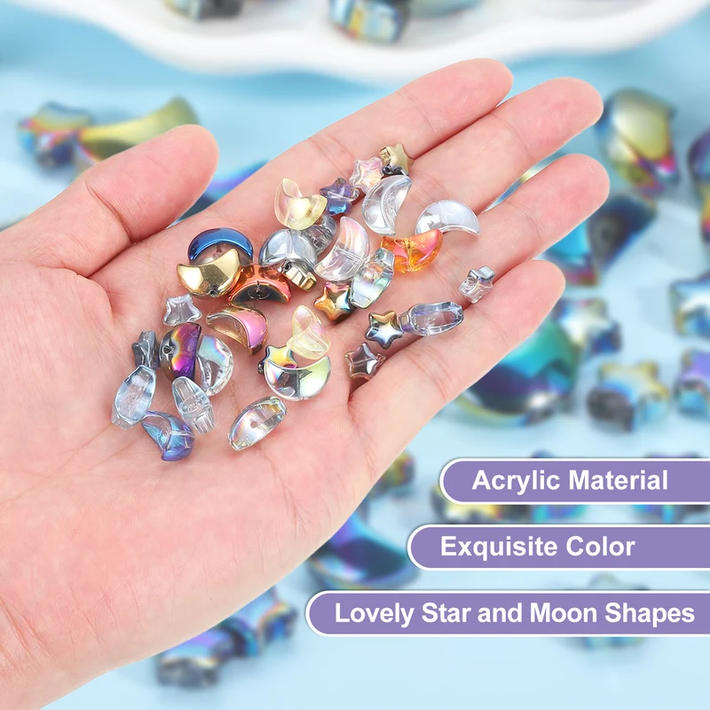 60Pcs Star Moon Shaped Beads, 2 Style Acrylic Spacer Beads Gold Purple