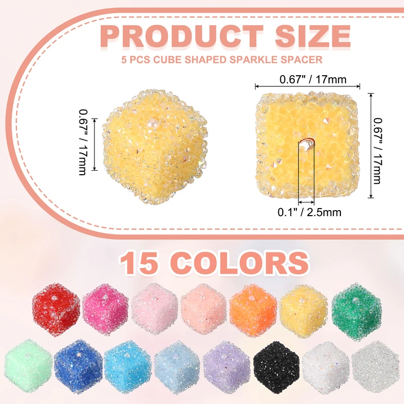 5 Pcs Square Rhinestone Beads for Pens, 17mm Sugar Beads for DIY, Yellow