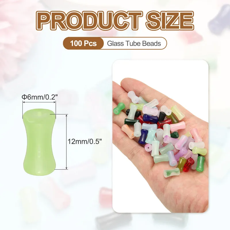 100 Pcs Glass Tube Beads, 6x12mm Bamboo Stick Tube Beads, Green