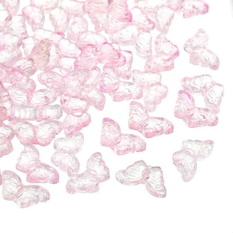 50Pcs Crystal Butterfly Beads, 8x15mm Transparent Loose Bead, Pink