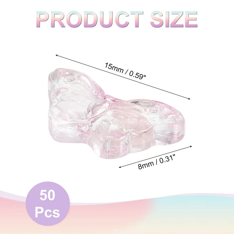 50Pcs Crystal Butterfly Beads, 8x15mm Transparent Loose Bead, Pink