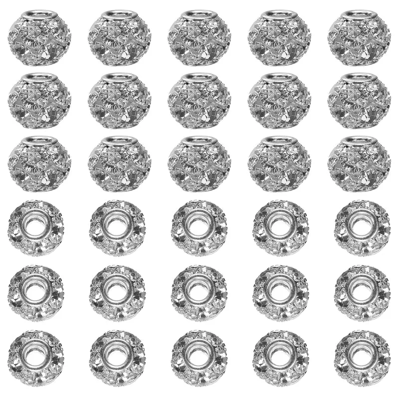 30Pcs Rhinestone Large Hole Beads, 12mm Charm Spacer Beads, Metallic Black