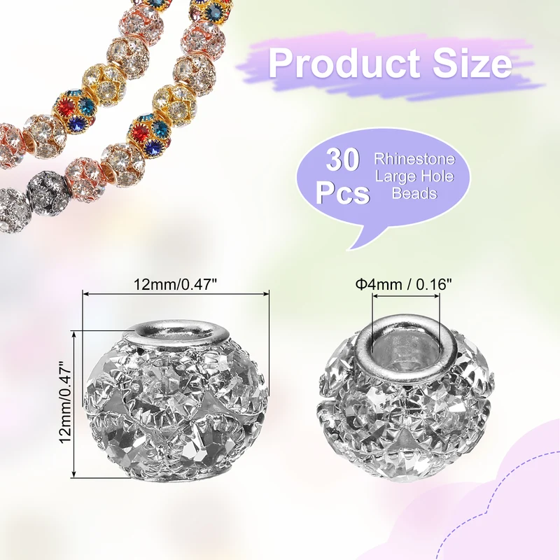 30Pcs Rhinestone Large Hole Beads, 12mm Charm Spacer Beads, Metallic Black