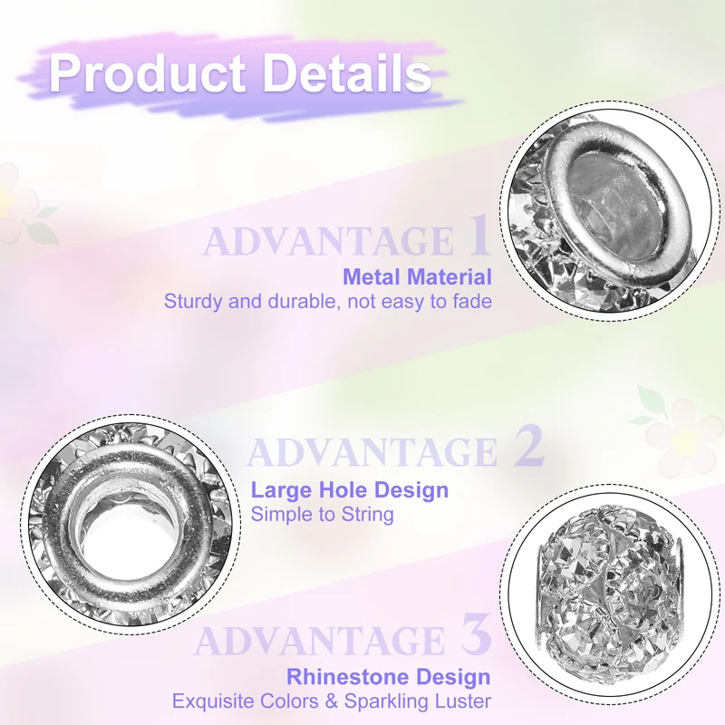30Pcs Rhinestone Large Hole Beads, 12mm Charm Spacer Beads, Metallic Black