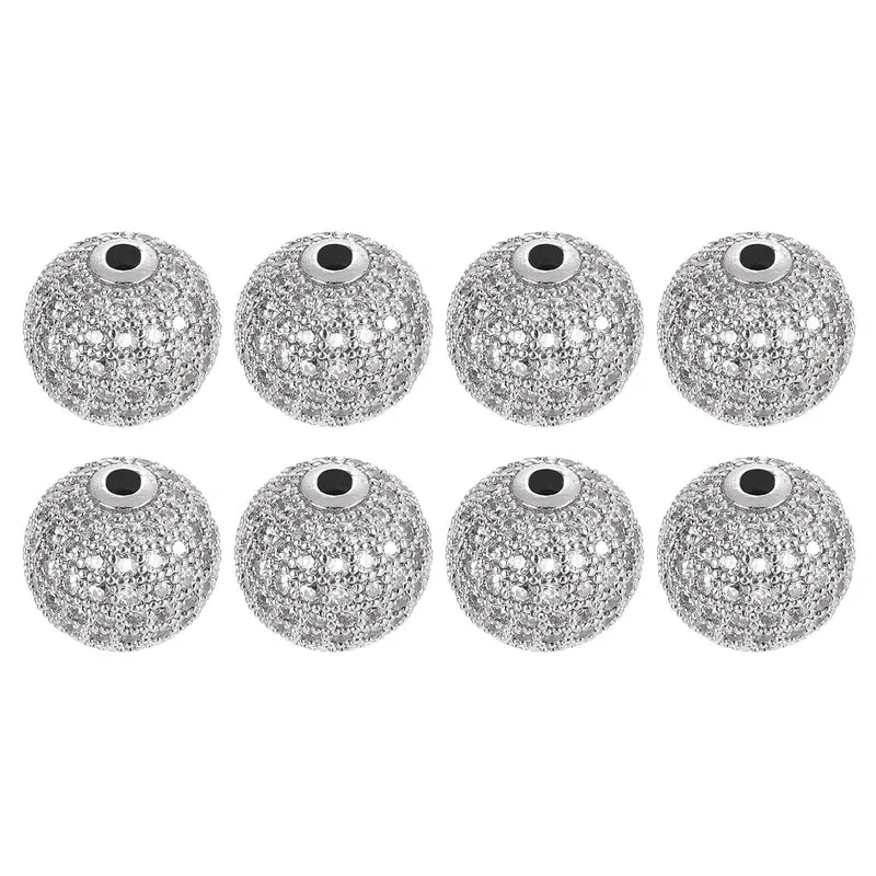 8Pcs Charm Rhinestone Beads 12mm Round Zircon Pave Beads White White Gold