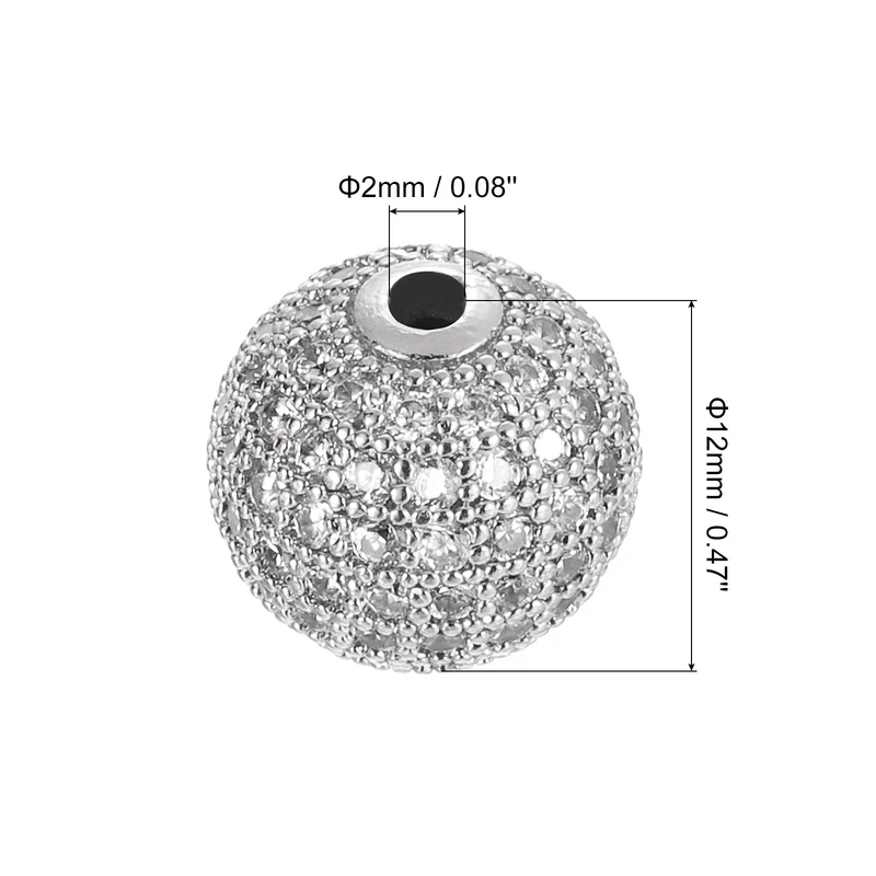 8Pcs Charm Rhinestone Beads 12mm Round Zircon Pave Beads White White Gold