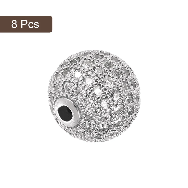 8Pcs Charm Rhinestone Beads 12mm Round Zircon Pave Beads White White Gold