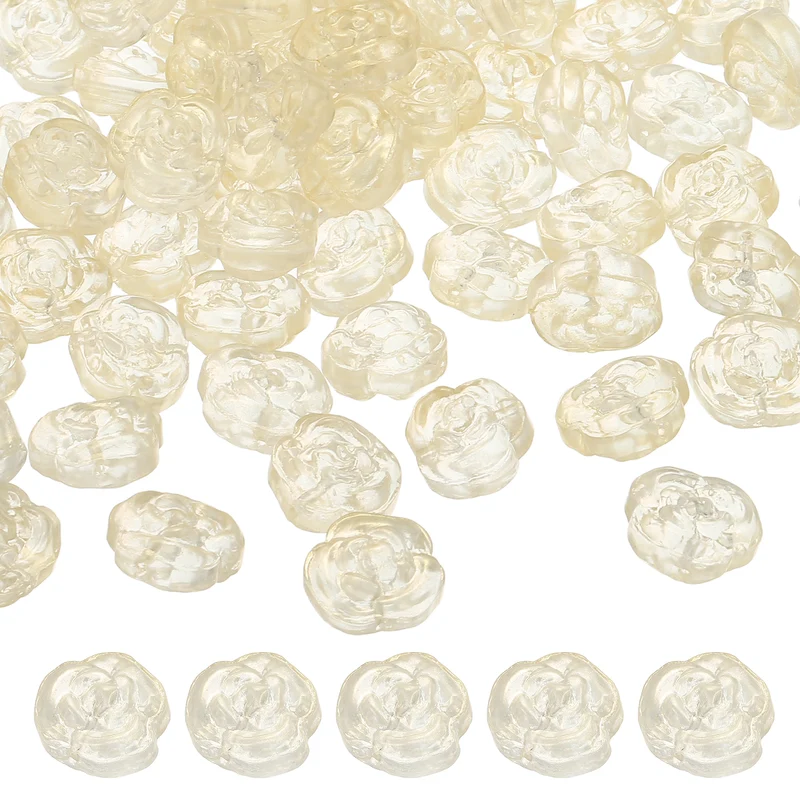 100 Pcs Rose Beads, 0.55" Glass Flower Rose Charm, Light Yellow