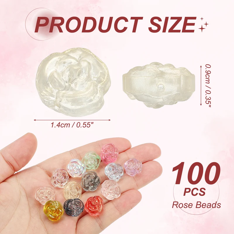 100 Pcs Rose Beads, 0.55" Glass Flower Rose Charm, Light Yellow