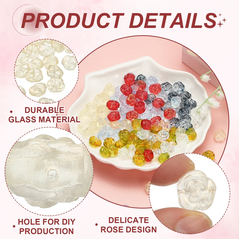 100 Pcs Rose Beads, 0.55" Glass Flower Rose Charm, Light Yellow