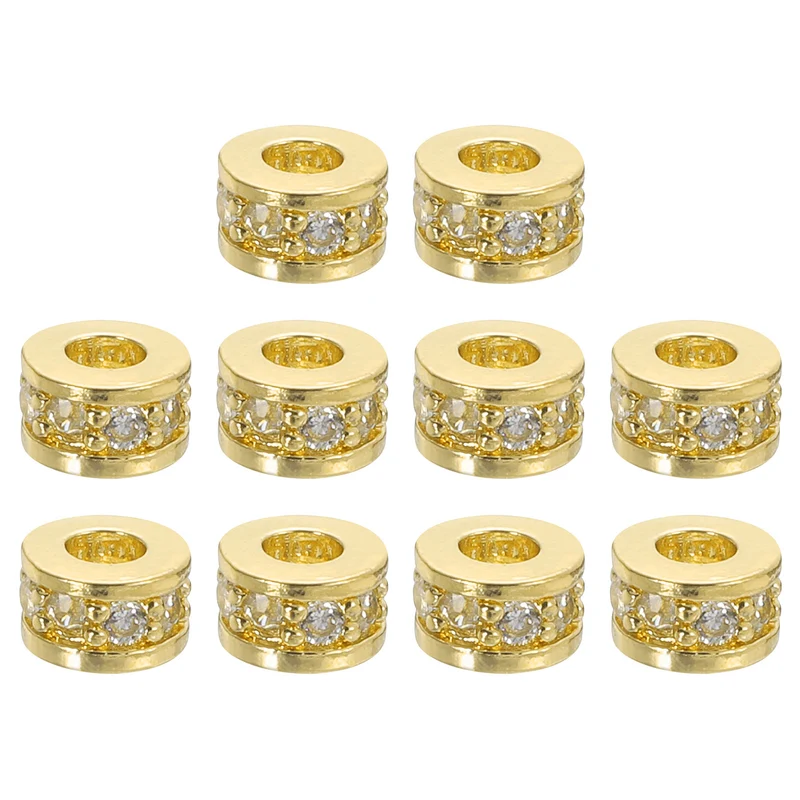 Round Ring Charm Spacer Beads, 10Pcs 6mm - Zircon Pave Bead (White - Gold)