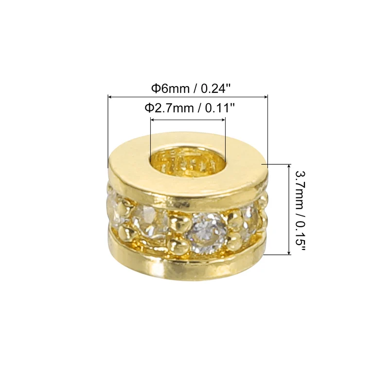 Round Ring Charm Spacer Beads, 10Pcs 6mm - Zircon Pave Bead (White - Gold)