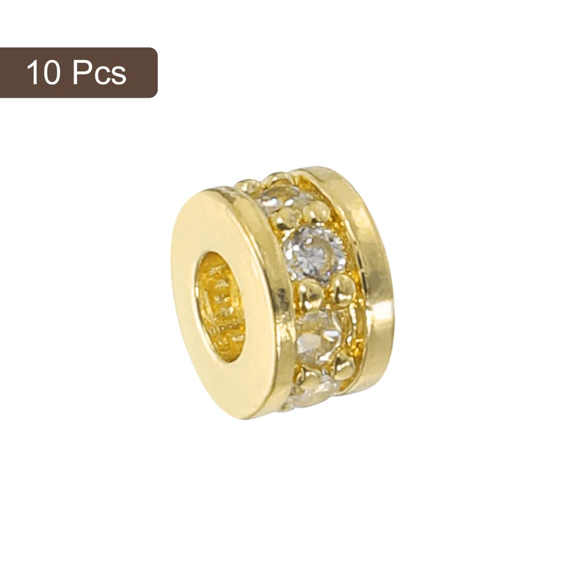 Round Ring Charm Spacer Beads, 10Pcs 6mm - Zircon Pave Bead (White - Gold)