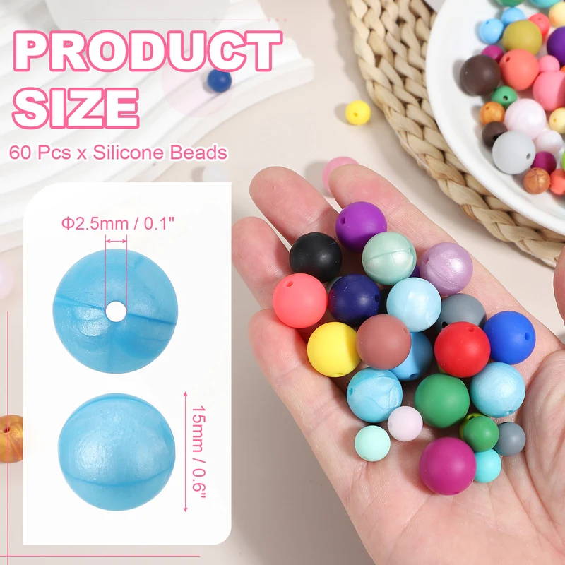 60 Pcs Silicone Beads, 15mm Bulk Beads for Keychain Making, Blue