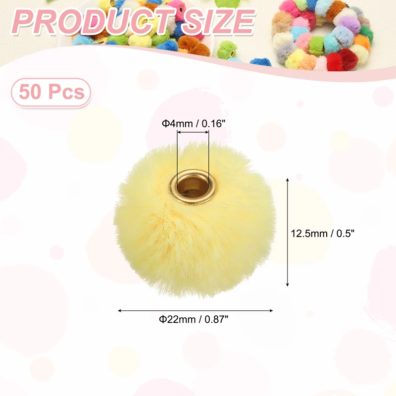 50Pcs Pom Pom Beads, Faux Fur Fuzzy Spacers Bead with 4mm Hole, Yellow