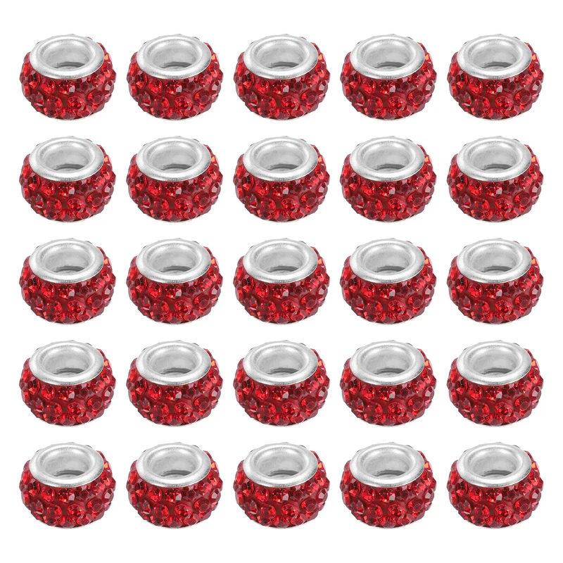 60Pcs 12mm Rhinestone European Beads, Large Hole Crystal Beads, Red