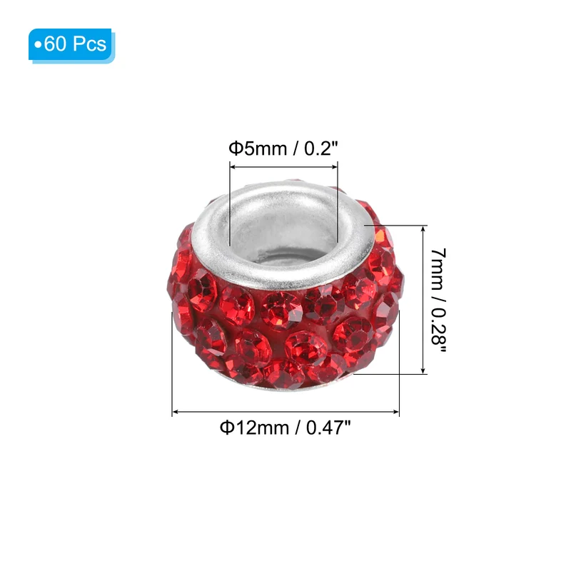 60Pcs 12mm Rhinestone European Beads, Large Hole Crystal Beads, Red
