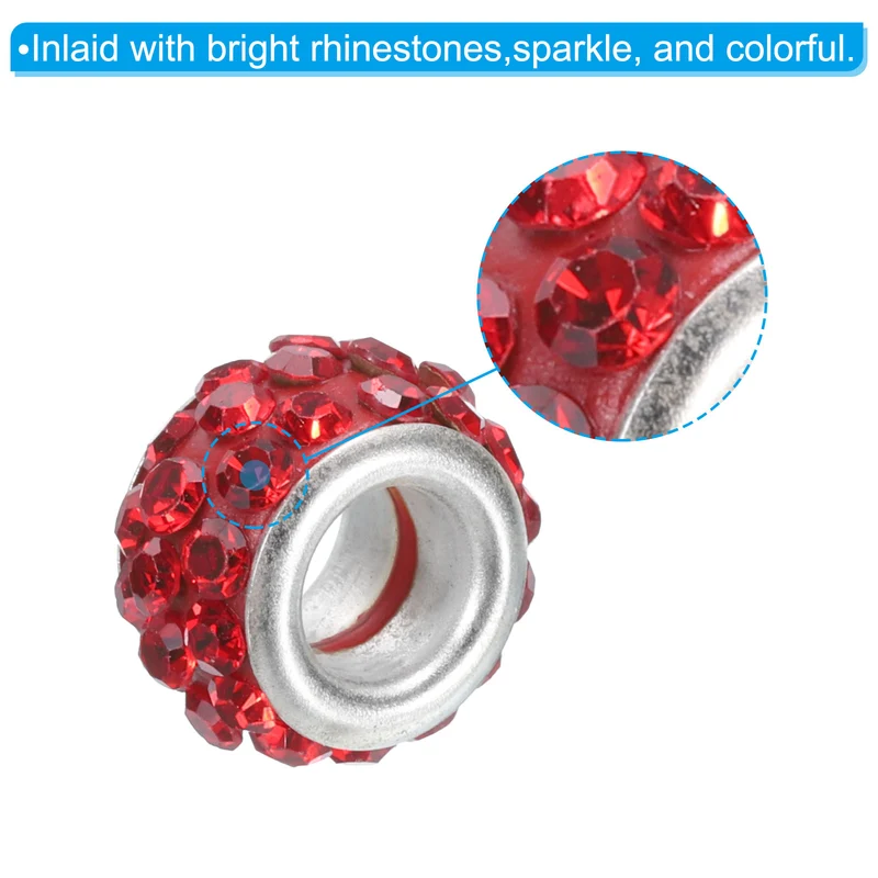 60Pcs 12mm Rhinestone European Beads, Large Hole Crystal Beads, Red