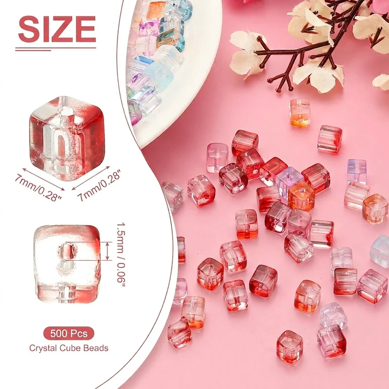 500 Pcs Crystal Cube Beads, 7mm Faceted Square Spacer Beads, Red