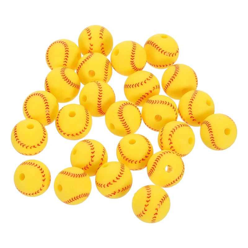 24Pcs Sports Ball Beads 12mm Silicone Round Spacer Focal Bead Yellow Baseball