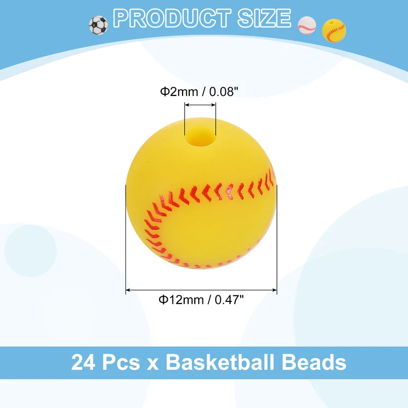 24Pcs Sports Ball Beads 12mm Silicone Round Spacer Focal Bead Yellow Baseball