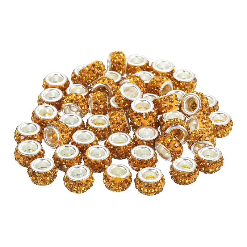 50Pcs European Large Hole Beads, Rhinestone Craft Beads, Golden Yellow